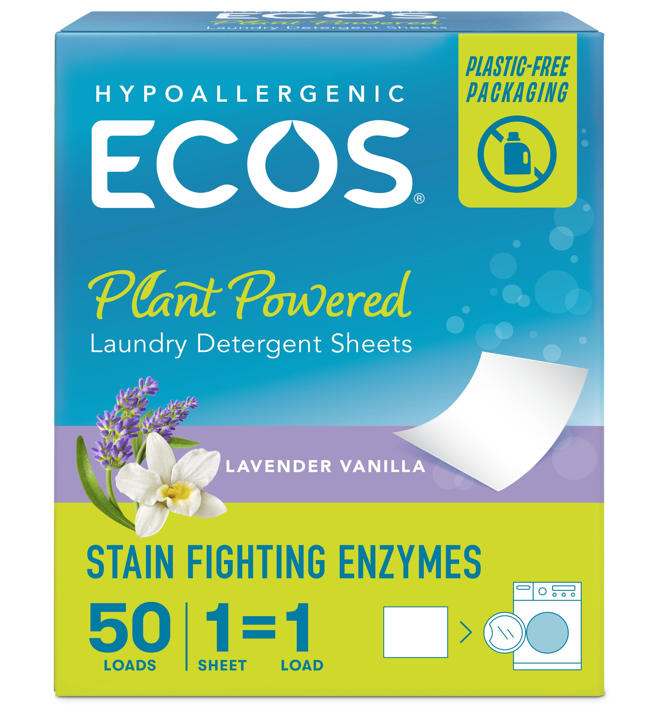 Product image of ECOS Laundry Detergent Sheets Laundry Detergent Lavender Plastic Free Vegan Sheets Washer Hypoallergenic 50